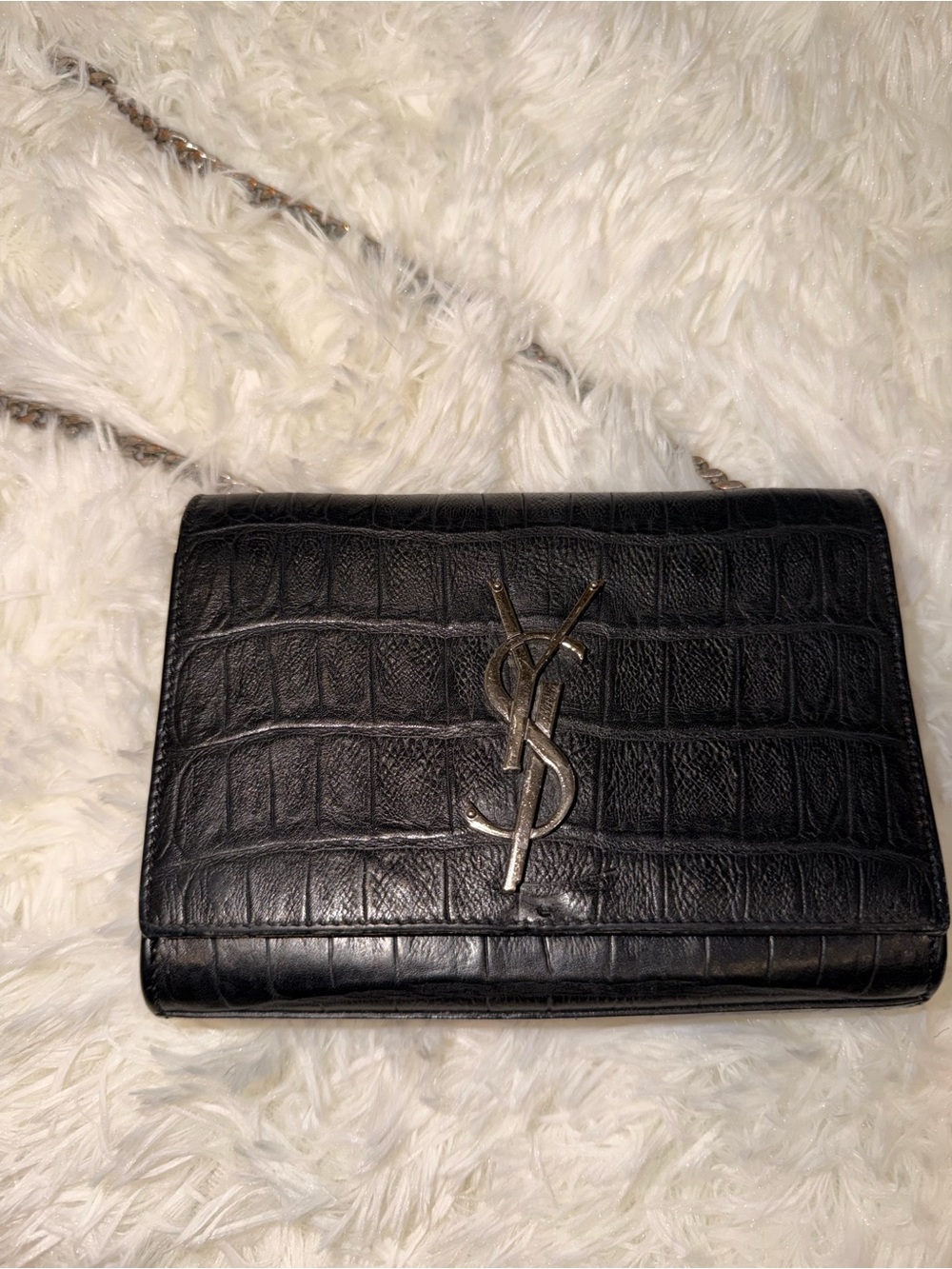 Authentic Saint Laurent 2016 medium croc embossed leather Kate crossbody bag
